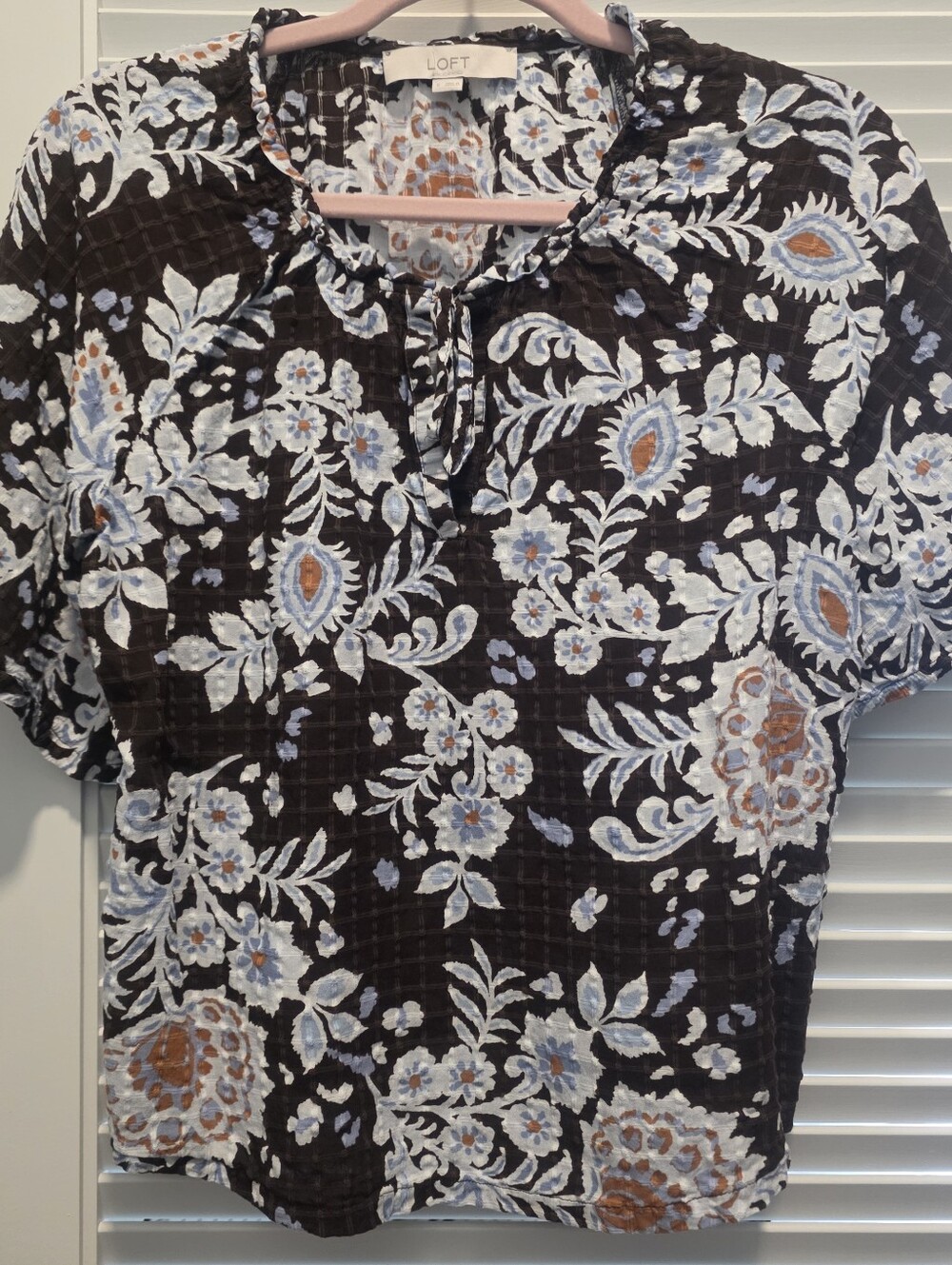Loft Floral Tie Neck Puff Sleeve Top